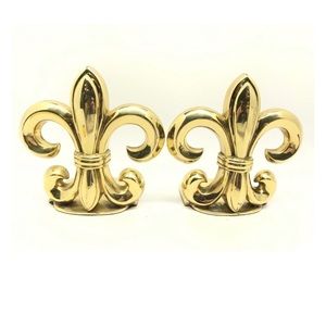Set Of 2 Brass Fleur de Lis Decorative Bookends